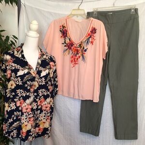 TRIBAL Sz 10 green tapered stretchy pants & 2 Hawaiian floral tops size M